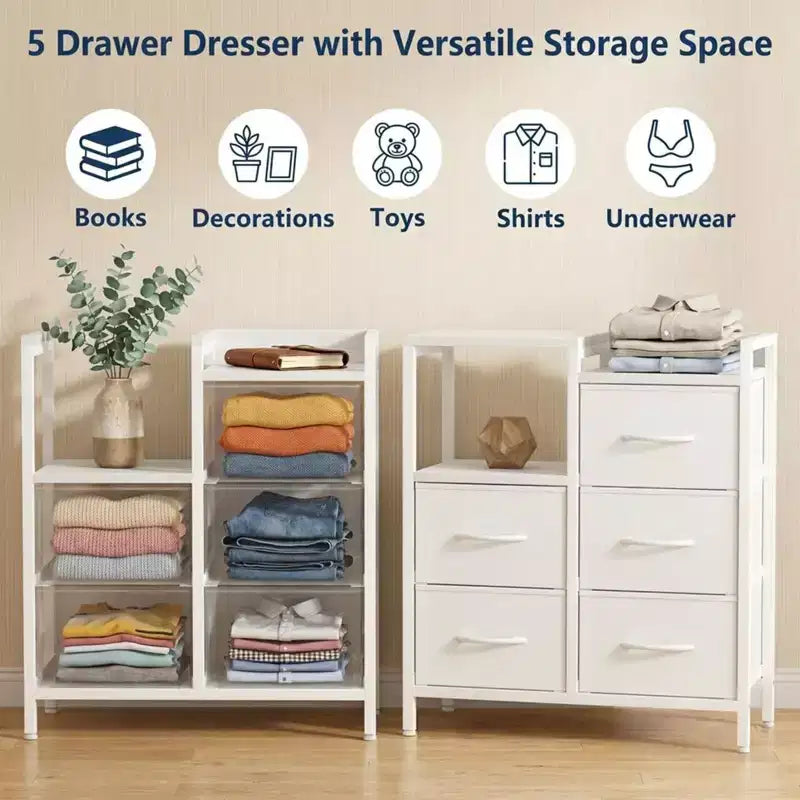 5-Drawer Cabinet with Open Shelf, Fabric Lateral Filing Cabinet for Office