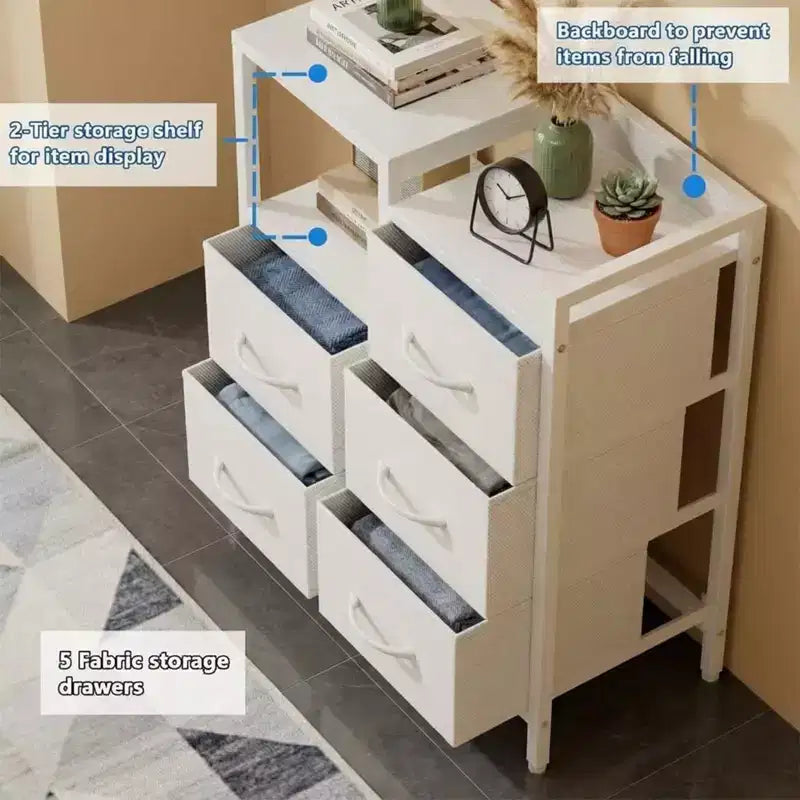 5-Drawer Cabinet with Open Shelf, Fabric Lateral Filing Cabinet for Office