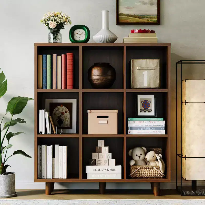 9-Tier Mid-Century Bookshelf, Crisscross Cube Storage with Anti-Tip Kit, Retro Organizer for Living Room, Home Office