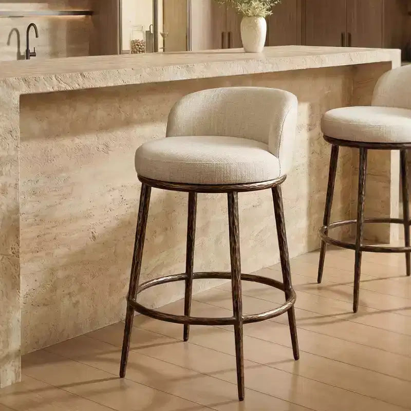 Counter Height Bar Stools Set of 2, Modern Upholstered Counter Stools with Hammered Bronze Iron Legs, Boucle Island Chairs for Dining Room and Bar