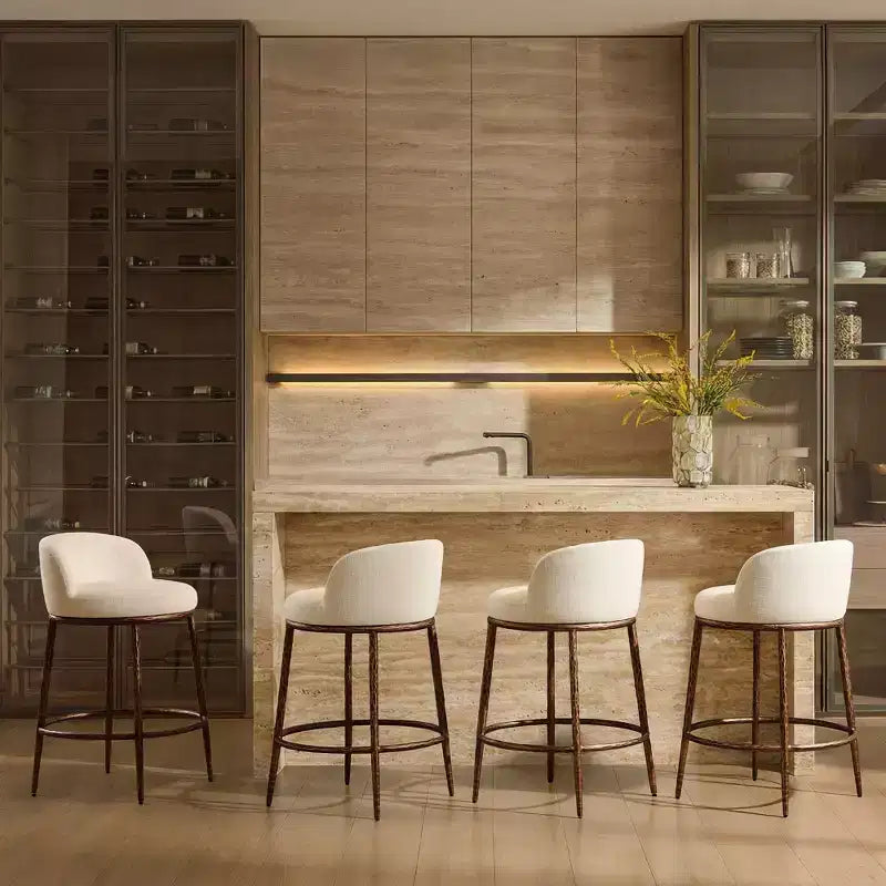 Counter Height Bar Stools Set of 2, Modern Upholstered Counter Stools with Hammered Bronze Iron Legs, Boucle Island Chairs for Dining Room and Bar