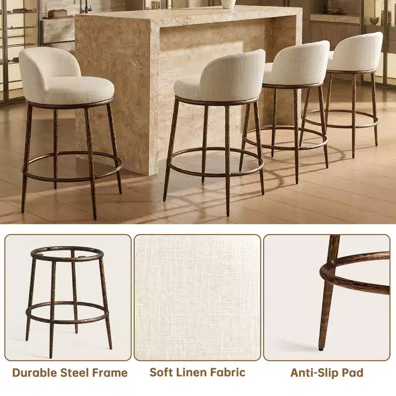 Counter Height Bar Stools Set of 2, Modern Upholstered Counter Stools with Hammered Bronze Iron Legs, Boucle Island Chairs for Dining Room and Bar