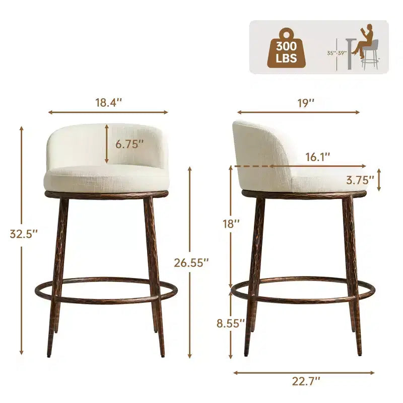 Counter Height Bar Stools Set of 2, Modern Upholstered Counter Stools with Hammered Bronze Iron Legs, Boucle Island Chairs for Dining Room and Bar