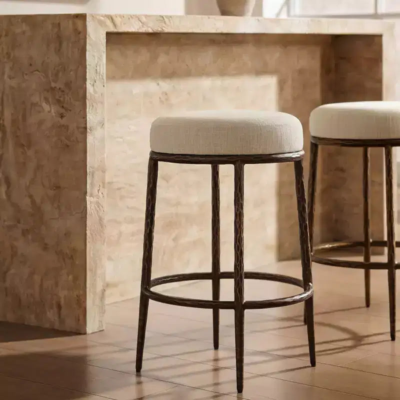 Counter Height Bar Stools Set of 2, Modern Upholstered Counter Stools with Hammered Bronze Iron Legs, Boucle Island Chairs for Dining Room and Bar