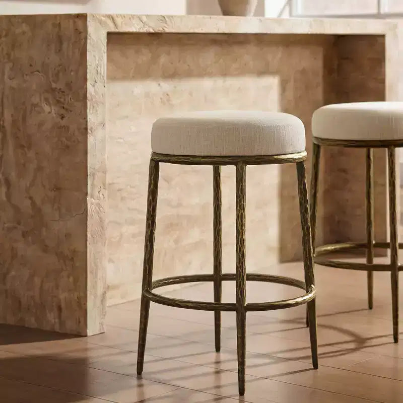 Counter Height Bar Stools Set of 2, Modern Upholstered Counter Stools with Hammered Bronze Iron Legs, Boucle Island Chairs for Dining Room and Bar