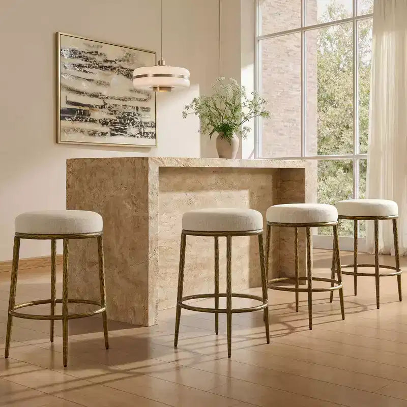 Counter Height Bar Stools Set of 2, Modern Upholstered Counter Stools with Hammered Bronze Iron Legs, Boucle Island Chairs for Dining Room and Bar