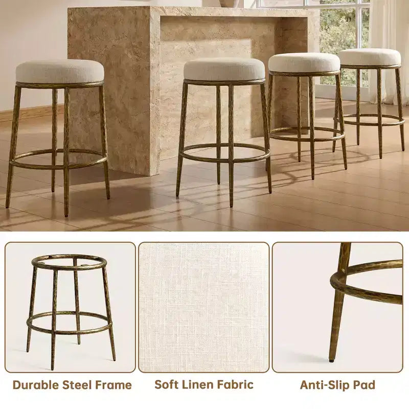 Counter Height Bar Stools Set of 2, Modern Upholstered Counter Stools with Hammered Bronze Iron Legs, Boucle Island Chairs for Dining Room and Bar