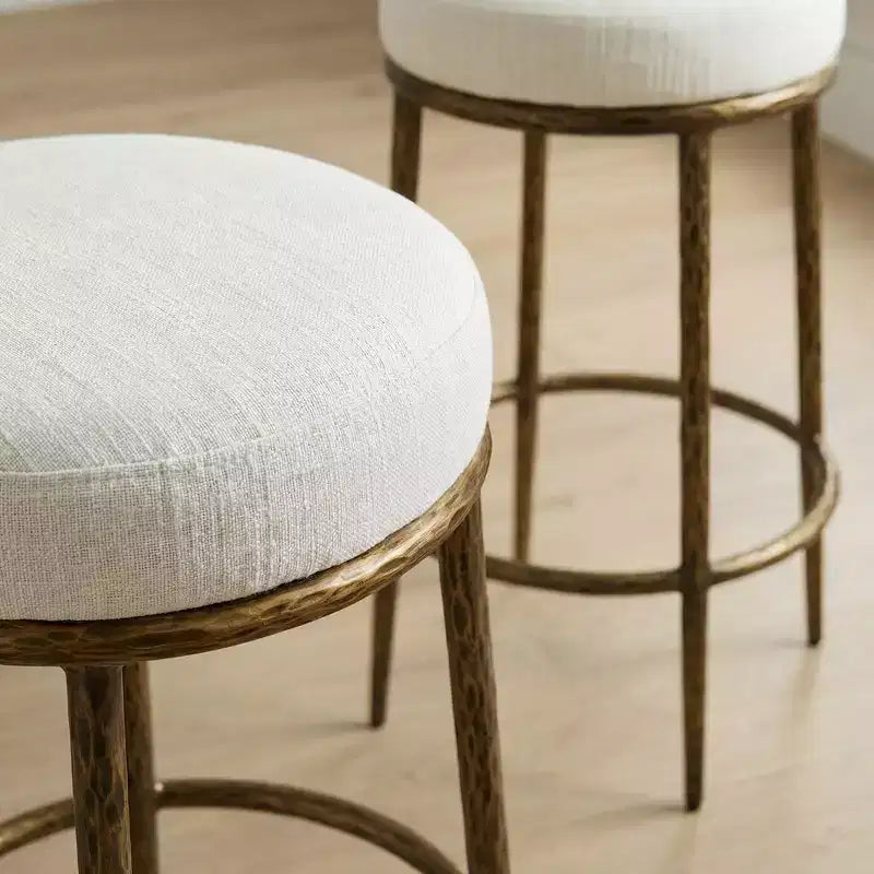 Counter Height Bar Stools Set of 2, Modern Upholstered Counter Stools with Hammered Bronze Iron Legs, Boucle Island Chairs for Dining Room and Bar