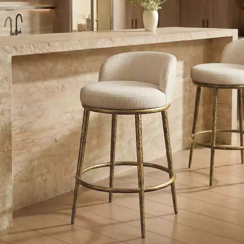 Counter Height Bar Stools Set of 2, Modern Upholstered Counter Stools with Hammered Bronze Iron Legs, Boucle Island Chairs for Dining Room and Bar
