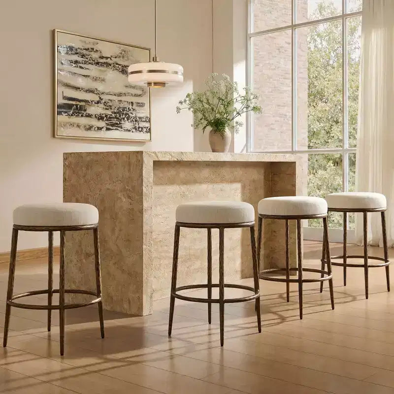 Counter Height Bar Stools Set of 2, Modern Upholstered Counter Stools with Hammered Bronze Iron Legs, Boucle Island Chairs for Dining Room and Bar