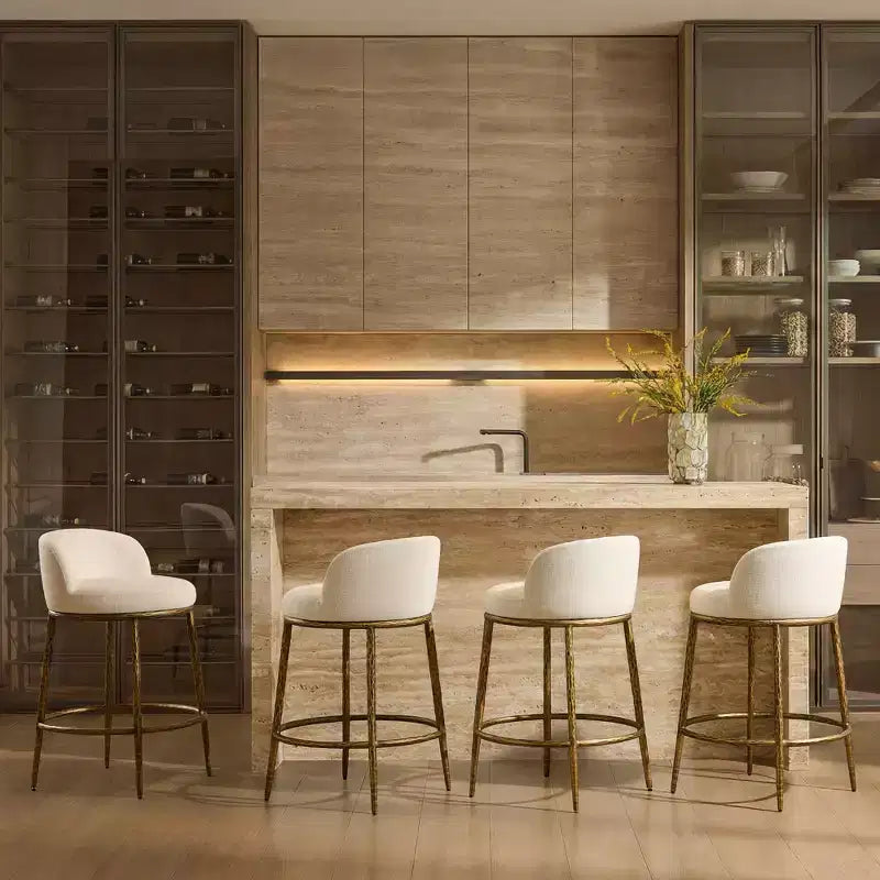Counter Height Bar Stools Set of 2, Modern Upholstered Counter Stools with Hammered Bronze Iron Legs, Boucle Island Chairs for Dining Room and Bar