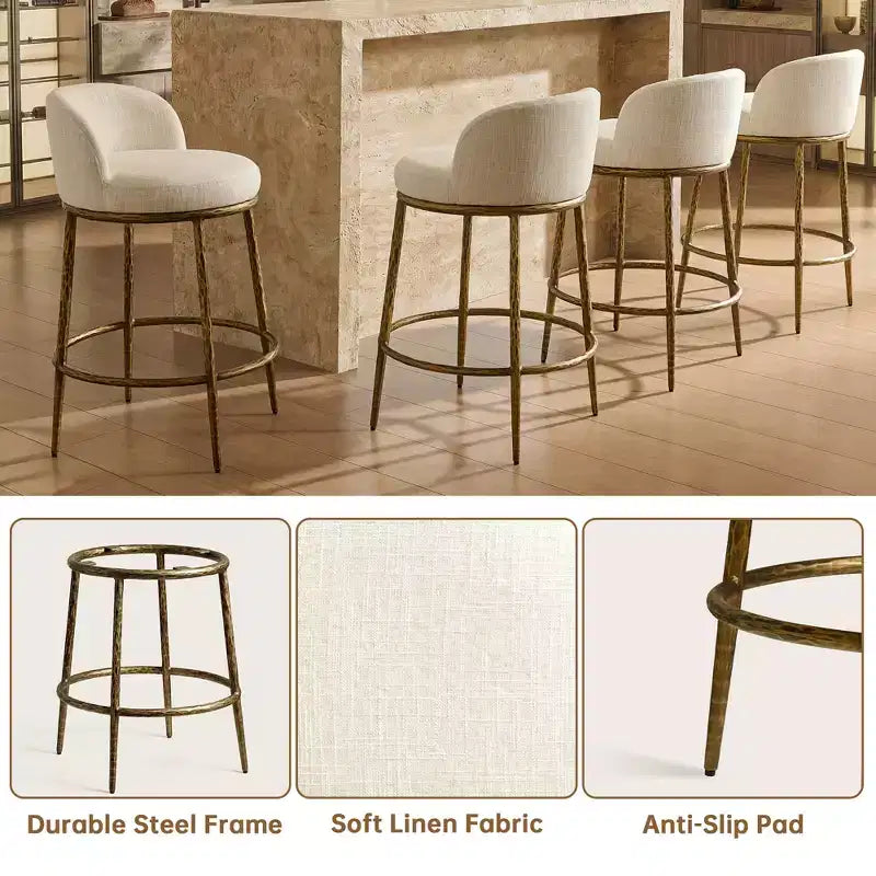 Counter Height Bar Stools Set of 2, Modern Upholstered Counter Stools with Hammered Bronze Iron Legs, Boucle Island Chairs for Dining Room and Bar
