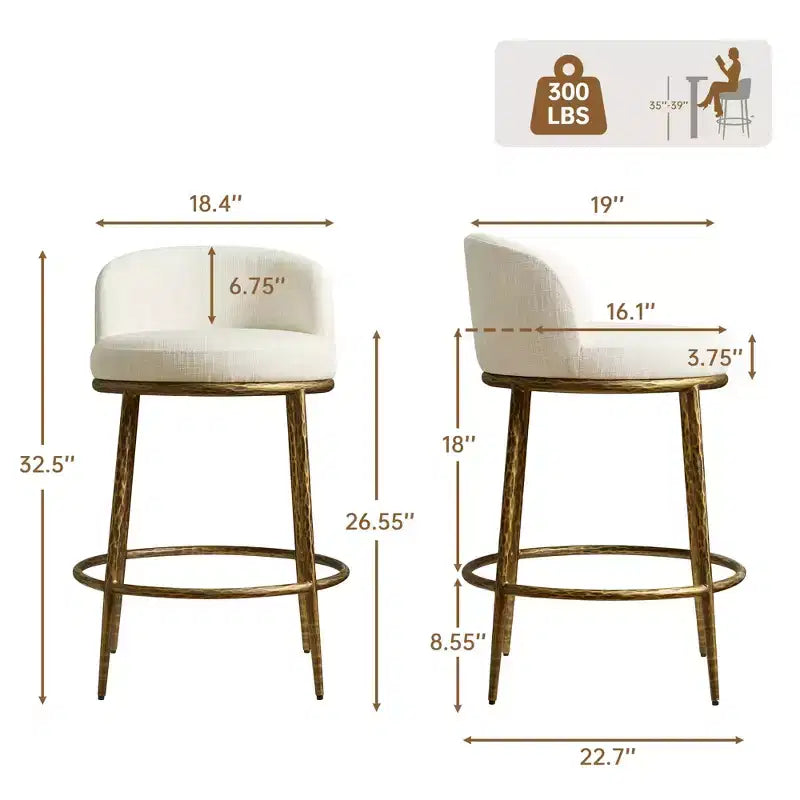 Counter Height Bar Stools Set of 2, Modern Upholstered Counter Stools with Hammered Bronze Iron Legs, Boucle Island Chairs for Dining Room and Bar