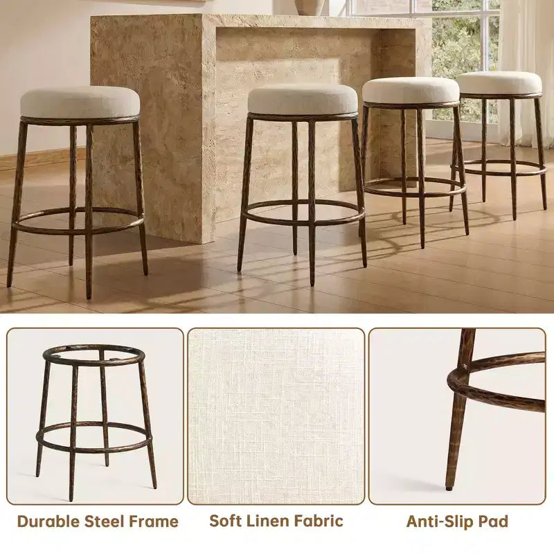Counter Height Bar Stools Set of 2, Modern Upholstered Counter Stools with Hammered Bronze Iron Legs, Boucle Island Chairs for Dining Room and Bar