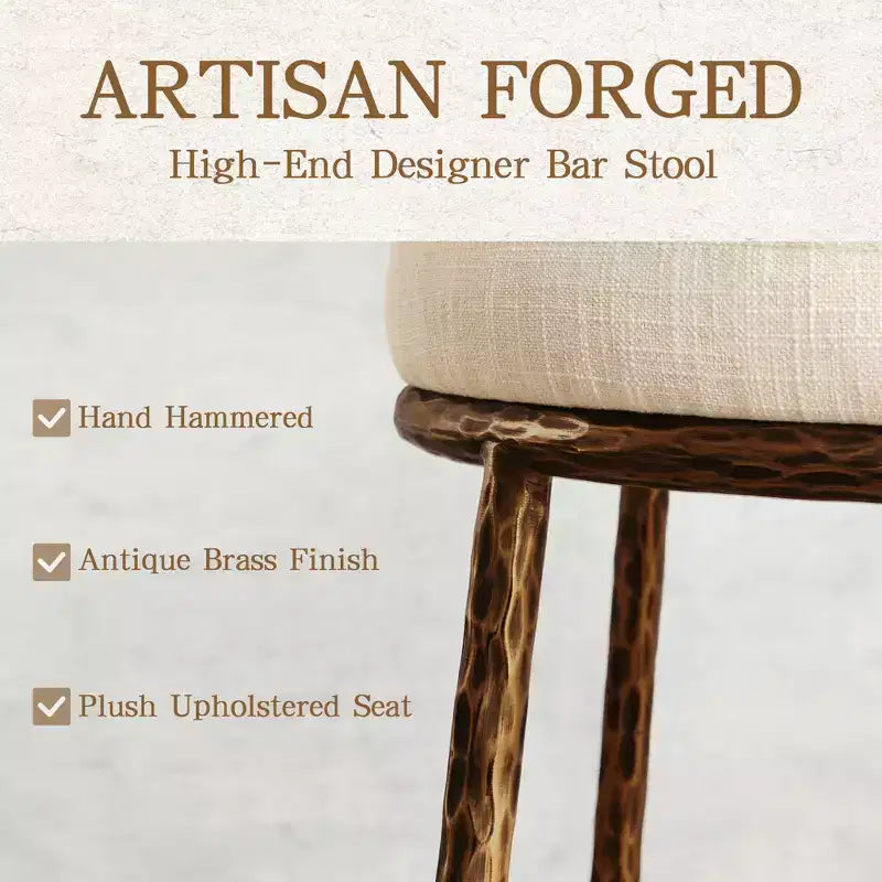 Counter Height Bar Stools Set of 2, Modern Upholstered Counter Stools with Hammered Bronze Iron Legs, Boucle Island Chairs for Dining Room and Bar
