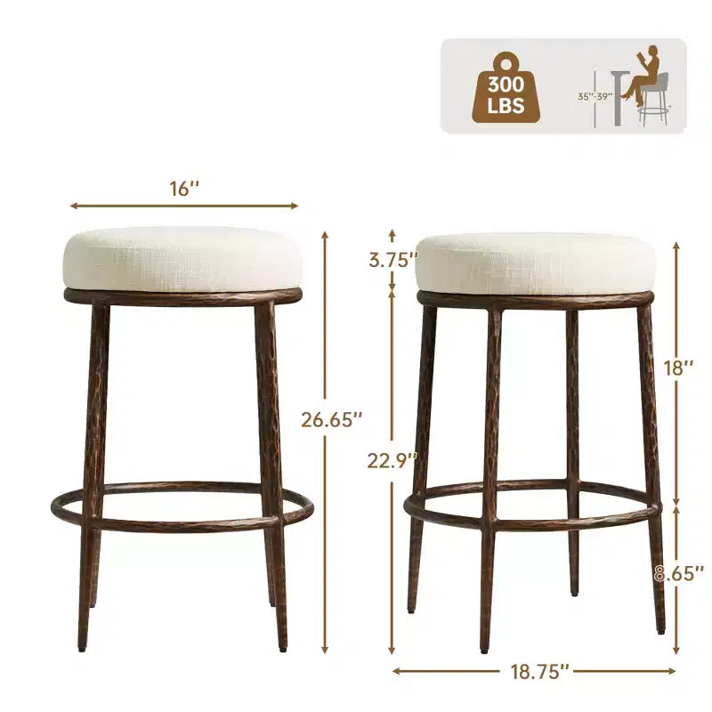 Counter Height Bar Stools Set of 2, Modern Upholstered Counter Stools with Hammered Bronze Iron Legs, Boucle Island Chairs for Dining Room and Bar