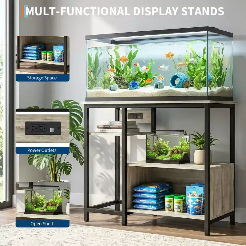 Garvee Fish Tank Stand with Cabinet - 40-50 Gallon Aquarium Stand with Power Outlets, Heavy Duty Metal and Wood Construction, Open Storage Shelves