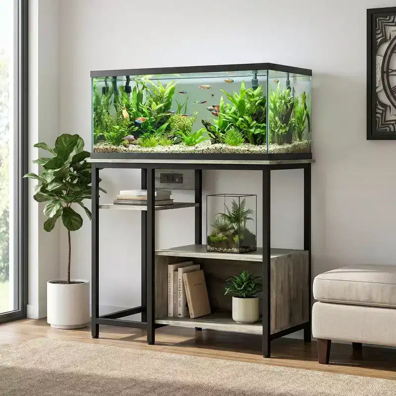 Garvee Fish Tank Stand with Cabinet - 40-50 Gallon Aquarium Stand with Power Outlets, Heavy Duty Metal and Wood Construction, Open Storage Shelves