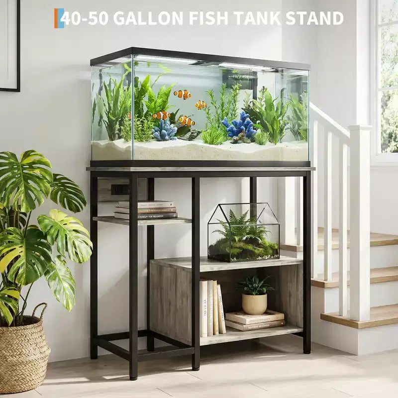Garvee Fish Tank Stand with Cabinet - 40-50 Gallon Aquarium Stand with Power Outlets, Heavy Duty Metal and Wood Construction, Open Storage Shelves