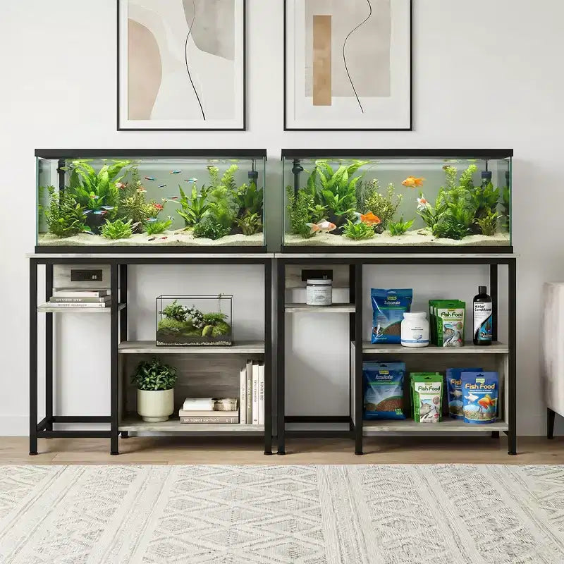 Garvee Fish Tank Stand with Cabinet - 40-50 Gallon Aquarium Stand with Power Outlets, Heavy Duty Metal and Wood Construction, Open Storage Shelves
