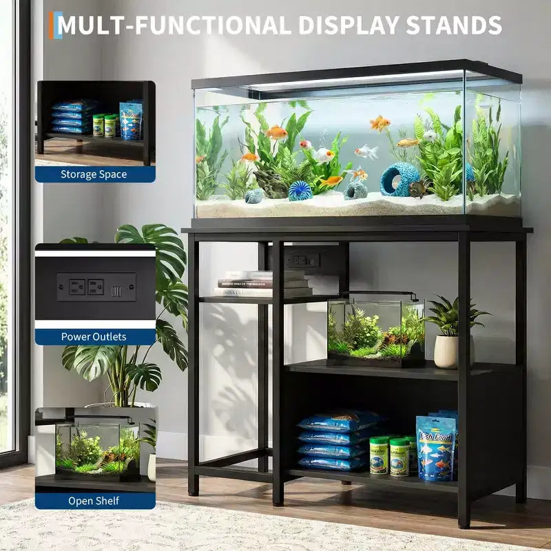 Garvee Fish Tank Stand with Cabinet - 40-50 Gallon Aquarium Stand with Power Outlets, Heavy Duty Metal and Wood Construction, Open Storage Shelves