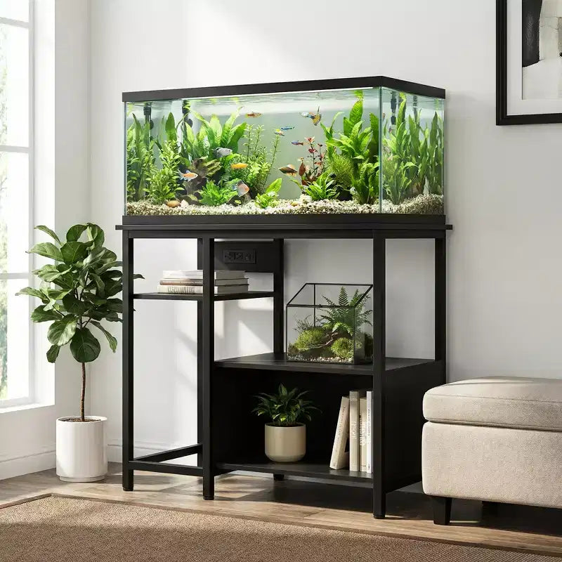 Garvee Fish Tank Stand with Cabinet - 40-50 Gallon Aquarium Stand with Power Outlets, Heavy Duty Metal and Wood Construction, Open Storage Shelves