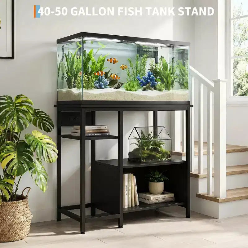 Garvee Fish Tank Stand with Cabinet - 40-50 Gallon Aquarium Stand with Power Outlets, Heavy Duty Metal and Wood Construction, Open Storage Shelves