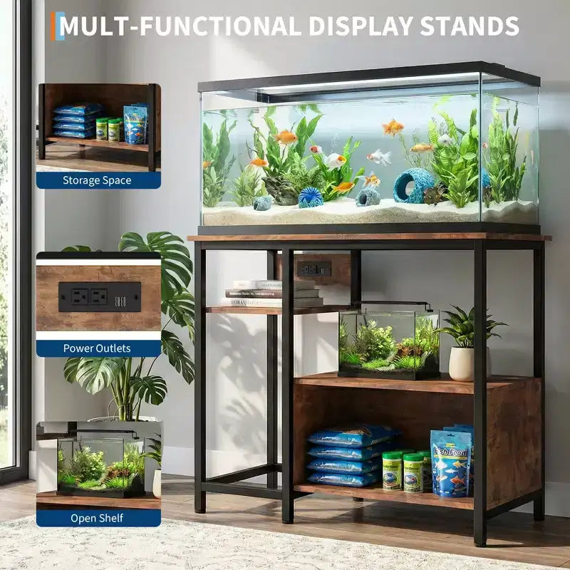 Garvee Fish Tank Stand with Cabinet - 40-50 Gallon Aquarium Stand with Power Outlets, Heavy Duty Metal and Wood Construction, Open Storage Shelves