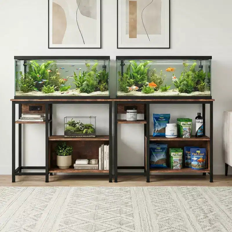 Garvee Fish Tank Stand with Cabinet - 40-50 Gallon Aquarium Stand with Power Outlets, Heavy Duty Metal and Wood Construction, Open Storage Shelves