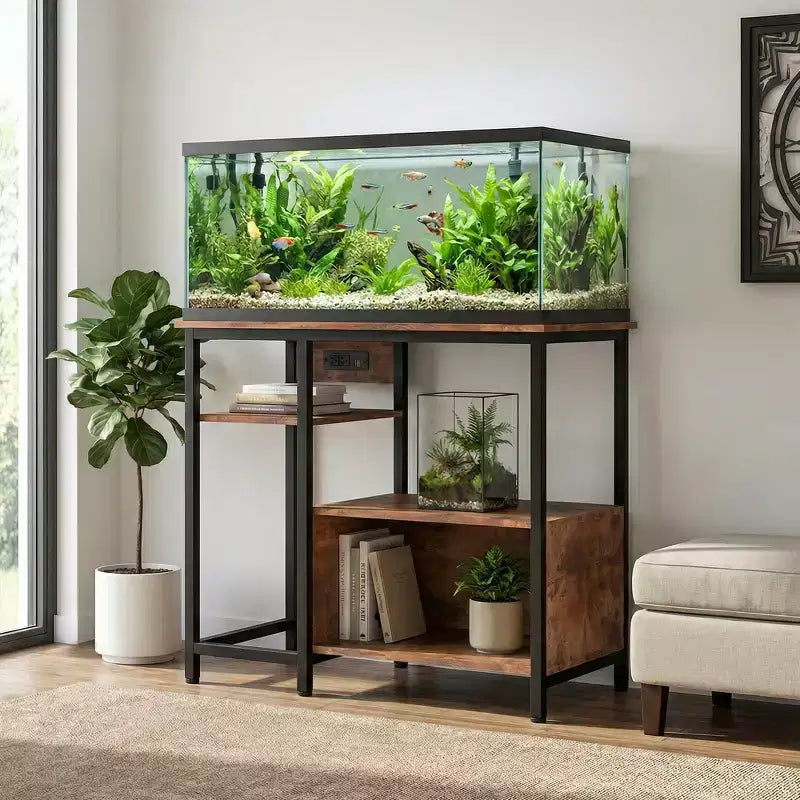 Garvee Fish Tank Stand with Cabinet - 40-50 Gallon Aquarium Stand with Power Outlets, Heavy Duty Metal and Wood Construction, Open Storage Shelves