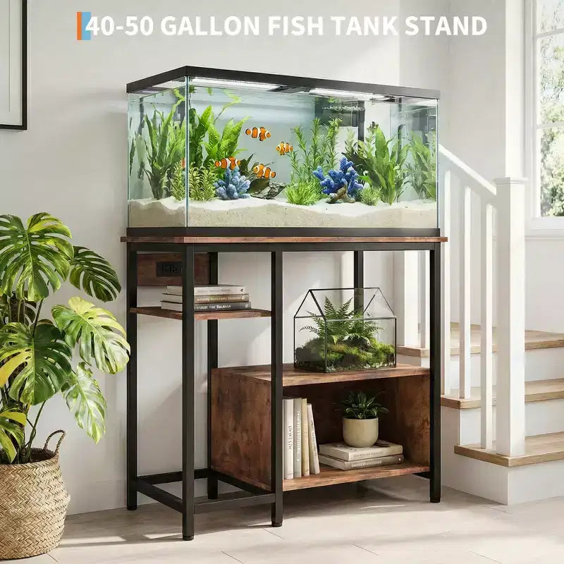 Garvee Fish Tank Stand with Cabinet - 40-50 Gallon Aquarium Stand with Power Outlets, Heavy Duty Metal and Wood Construction, Open Storage Shelves