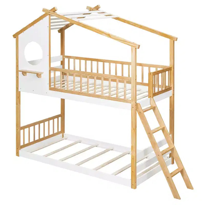 Bellemave Twin Over Twin House Bunk Bed with Roof & Window, Kids Wood Bunk Bed with Ladder & Guardrails, Solid Pine Frame, Natural