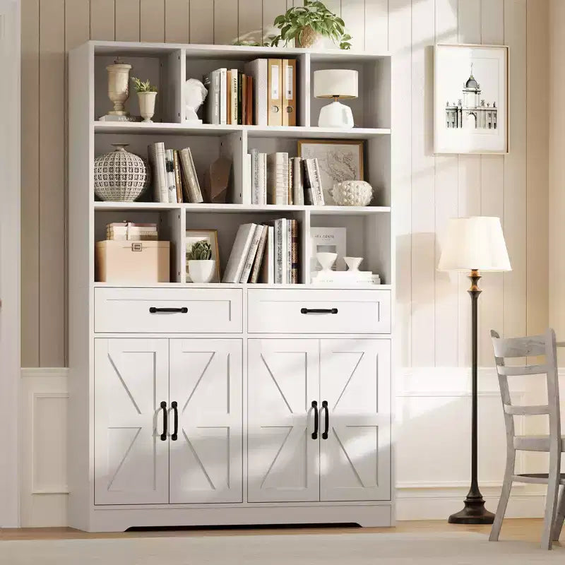 Large Wooden Kids Bookcase, 2 Drawers, 4 Doors, 6-Tier Storage Cabinet, Spacious Organizer Shelf, for Living Room, Office