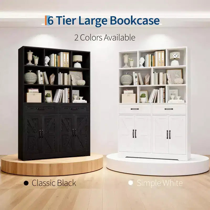 Large Wooden Kids Bookcase, 2 Drawers, 4 Doors, 6-Tier Storage Cabinet, Spacious Organizer Shelf, for Living Room, Office