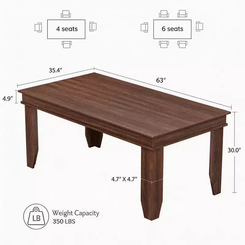 63 Farmhouse Dining Table for 4-6 People, Rectangular Wood Kitchen Table with Sturdy Wooden Frame, Large Dinner Table for Dining Room and Apartment