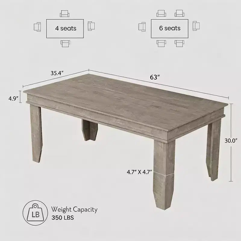 63 Farmhouse Dining Table for 4-6 People, Rectangular Wood Kitchen Table with Sturdy Wooden Frame, Large Dinner Table for Dining Room and Apartment