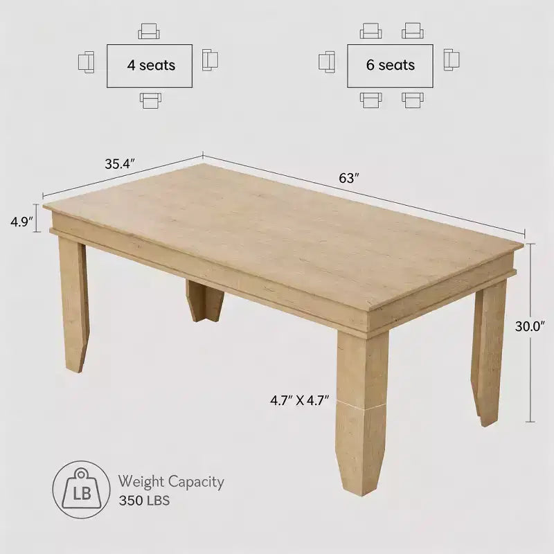 63 Farmhouse Dining Table for 4-6 People, Rectangular Wood Kitchen Table with Sturdy Wooden Frame, Large Dinner Table for Dining Room and Apartment