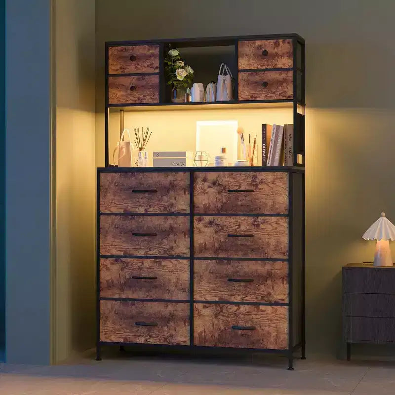 12 Drawer Fabric Dresser, Open Shelves, Metal Frame, for Bedroom, Hallway