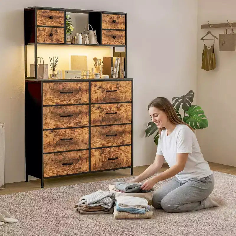 12 Drawer Fabric Dresser, Open Shelves, Metal Frame, for Bedroom, Hallway