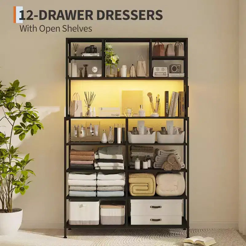 12 Drawer Fabric Dresser, Open Shelves, Metal Frame, for Bedroom, Hallway