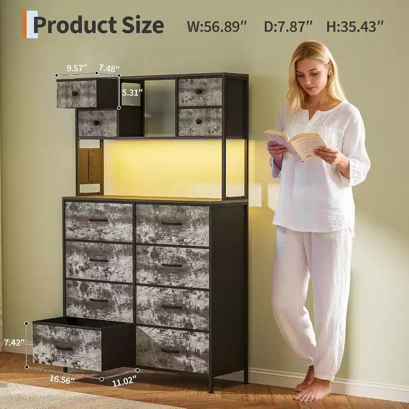 12 Drawer Fabric Dresser, Open Shelves, Metal Frame, for Bedroom, Hallway