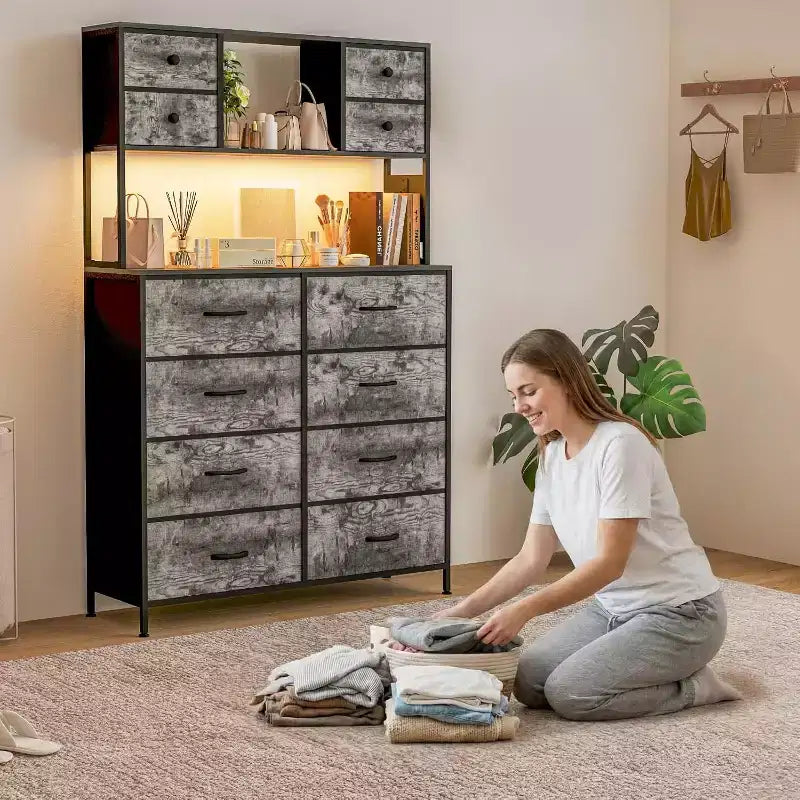 12 Drawer Fabric Dresser, Open Shelves, Metal Frame, for Bedroom, Hallway