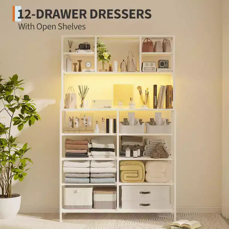12 Drawer Fabric Dresser, Open Shelves, Metal Frame, for Bedroom, Hallway
