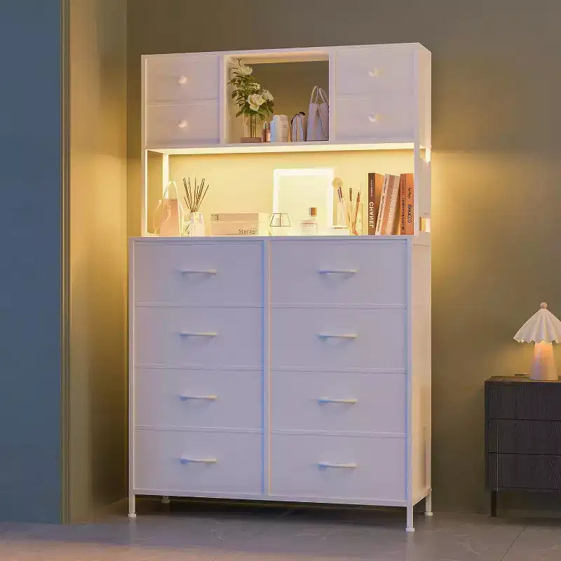 12 Drawer Fabric Dresser, Open Shelves, Metal Frame, for Bedroom, Hallway