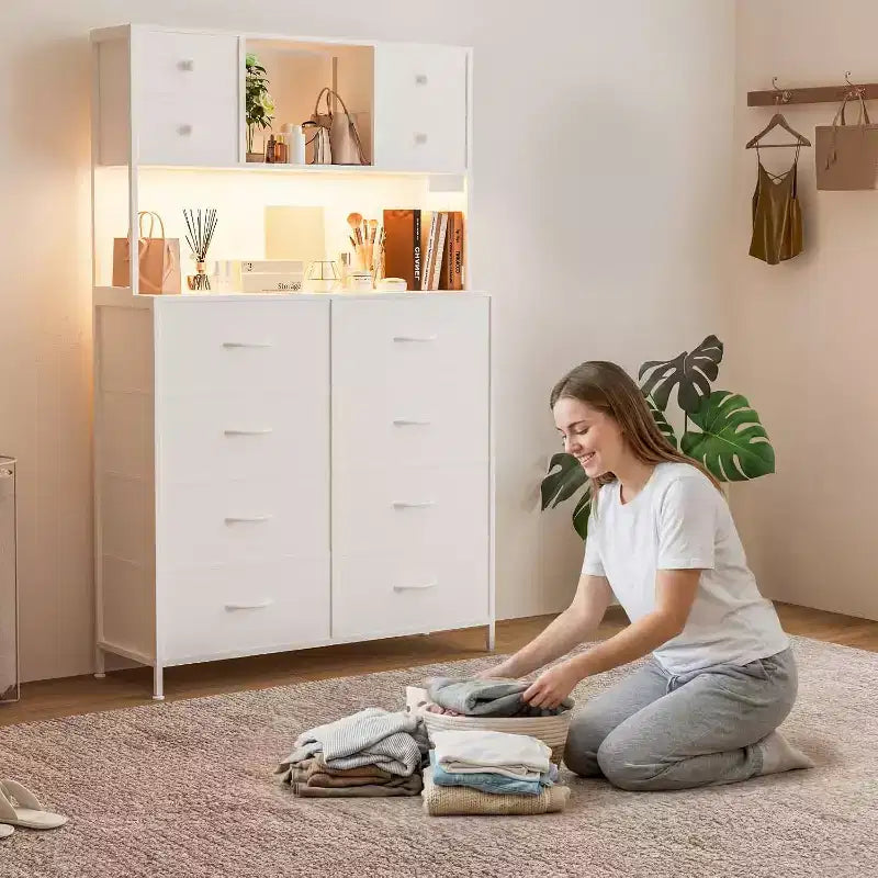 12 Drawer Fabric Dresser, Open Shelves, Metal Frame, for Bedroom, Hallway