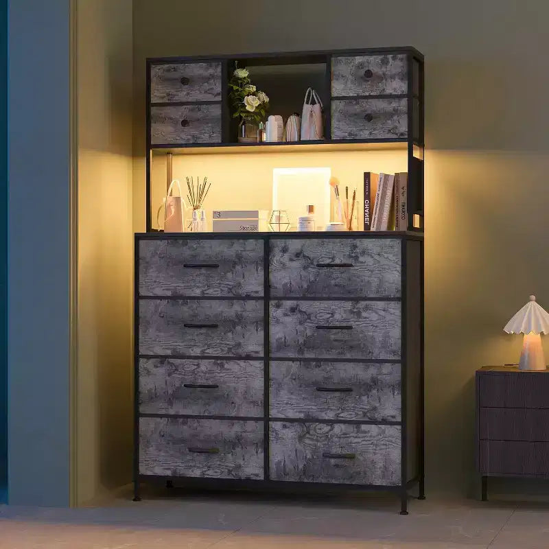 12 Drawer Fabric Dresser, Open Shelves, Metal Frame, for Bedroom, Hallway