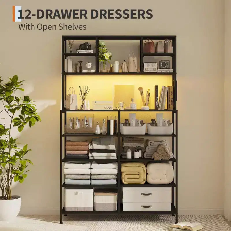 12 Drawer Fabric Dresser, Open Shelves, Metal Frame, for Bedroom, Hallway