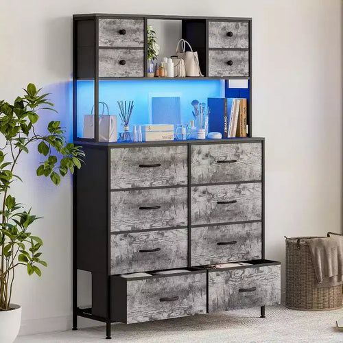 12 Drawer Fabric Dresser, Open Shelves, Metal Frame, for Bedroom, Hallway