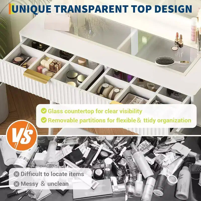 44 Fluted Vanity Desk with 36 Lighted Mirror & Power Outlet, Makeup Vanity w/3 Adjustable Light Colors, 5 Drawers, Dressing Table Set for Bedroom
