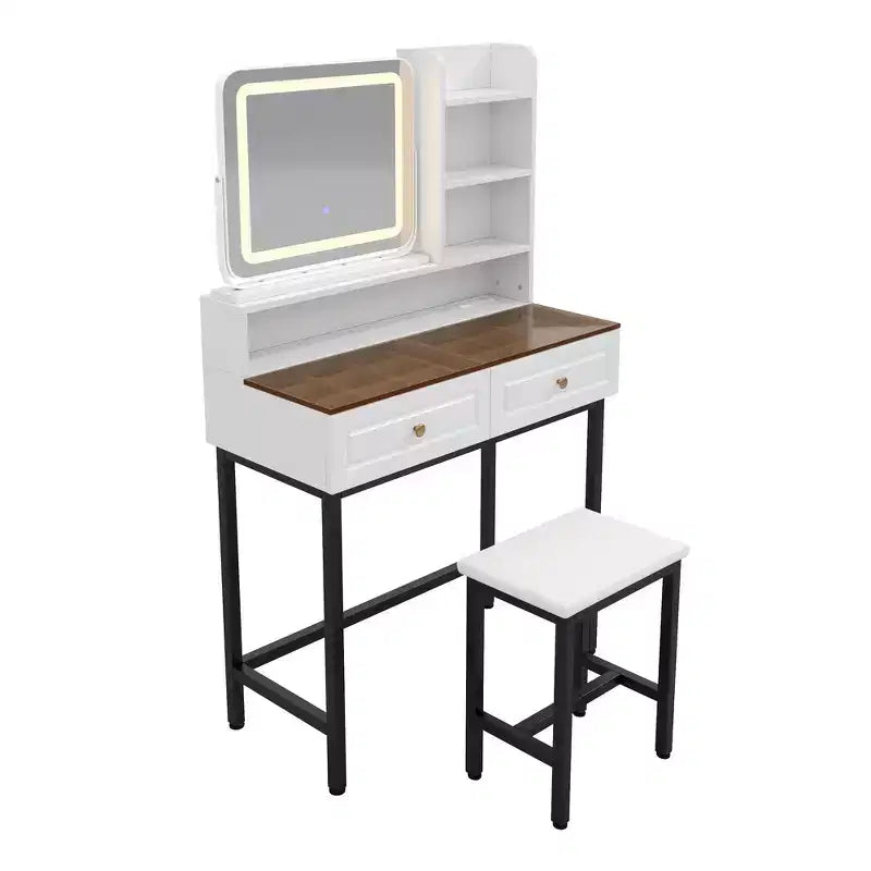 Whisen Makeup Vanity Desk, Modern Dressing Table Vanity with Mirror, 2 Drawers & Sturdy Metal Leg and Stool - White